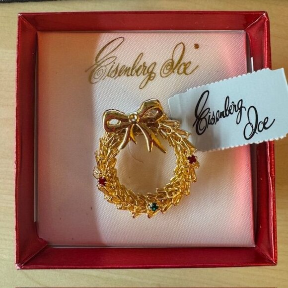 Eisenberg Ice Gold-Tone Christmas Wreath Brooch With Rhinestones & Bow - Picture 3 of 6
